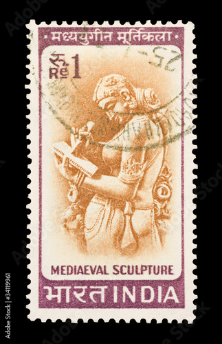mail stamp printed in India featuring a medieval sculpture
