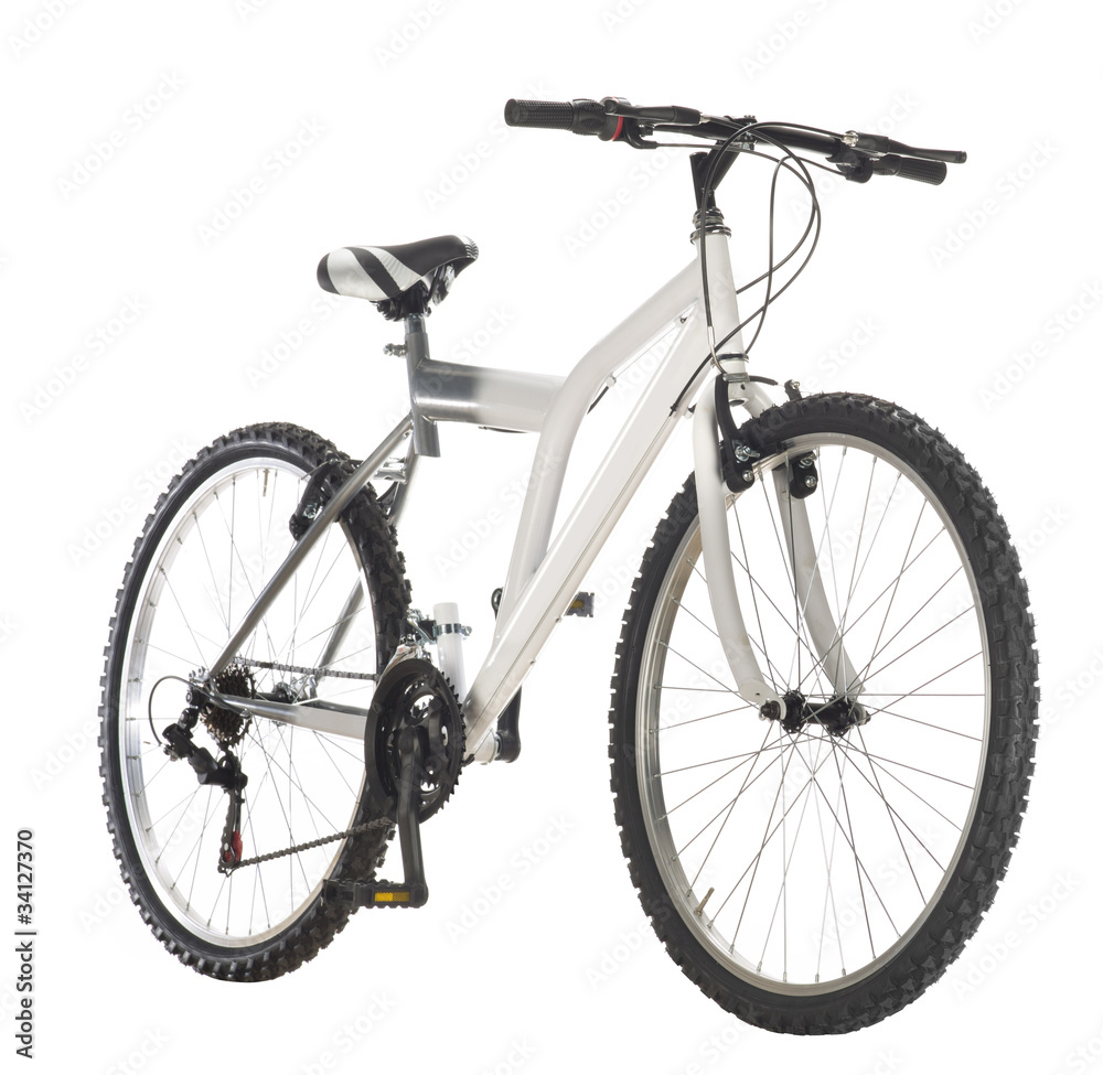 white mountain bike, front view, isolated