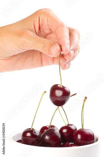Red ripe cherries in the hand over white background © Mazur Travel