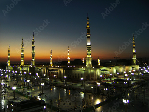 Nabawi Mosque, Medina, Saudi Arabia at dusk. photo