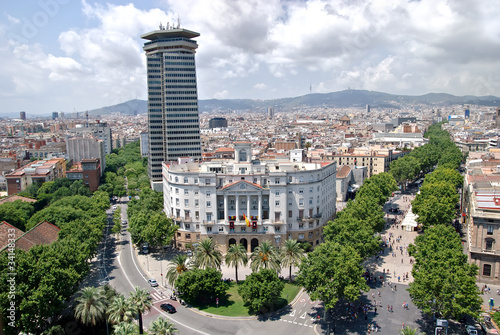Aerial view of the Ramblas in the center of Barcelona, Spain