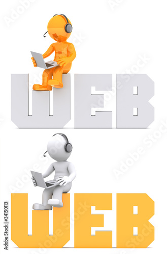 3d character sitting on WEB domain sign. Isolated on white