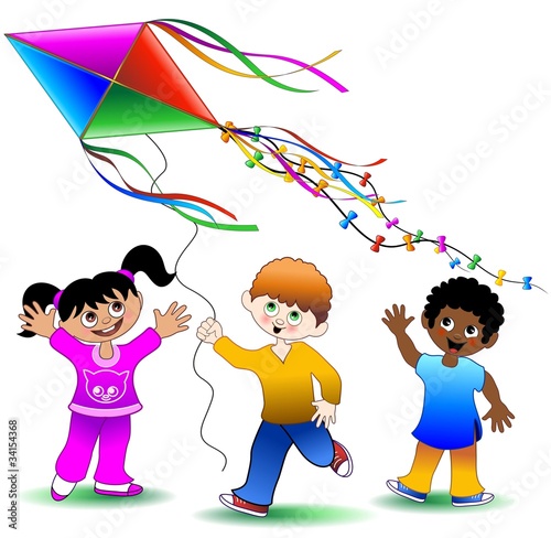 Bambini giocano con Aquilone-Children playing with Kite-Vector