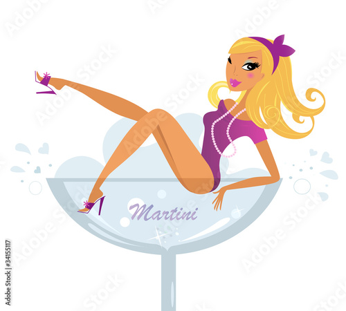 Pinup Blond Girl in pink bikini in Martini glass. Vector