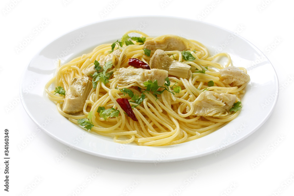 spaghetti with artichoke hearts , italian pasta dish spaghetti with artichoke hearts , italian pasta dish