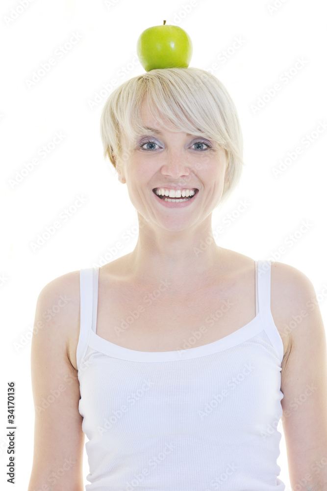 happy young woman eat green apple isolated on white happy young woman eat green apple isolated on white