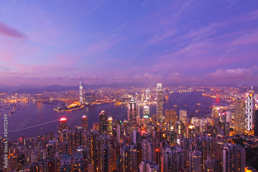 Hong Kong with many office buildings at sunset