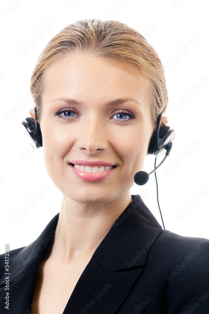 Portrait of cheerful support phone operator in headset, isolated Portrait of cheerful support phone operator in headset, isolated