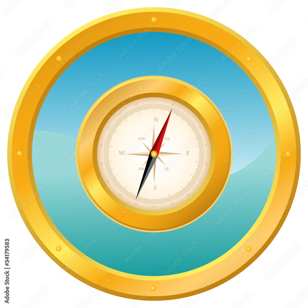 Compass on a blue wavy background, surrounded by a porthole Compass on a blue wavy background, surrounded by a porthole