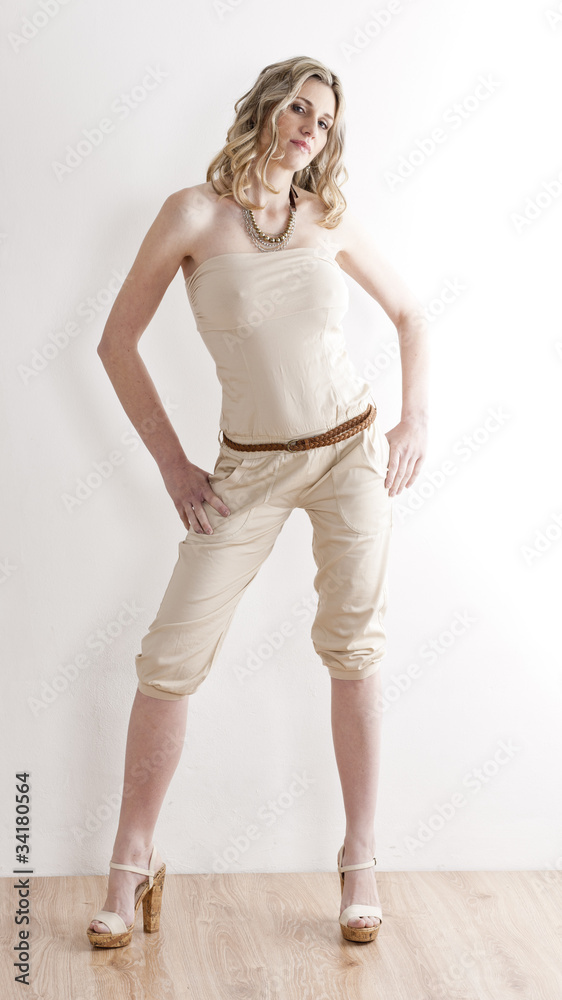 standing woman wearing summer clothes and shoes standing woman wearing summer clothes and shoes