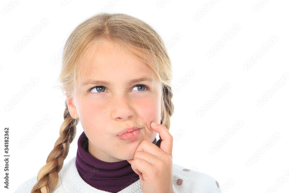 little girl in thought isolated on white with copyspace little girl in thought isolated on white with copyspace