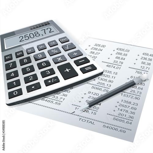 calculator and pen on a table of business background