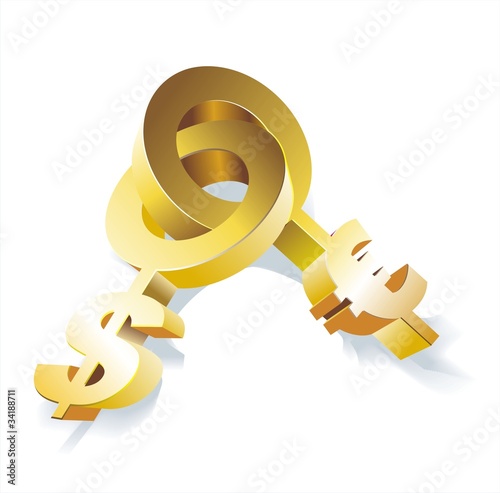 Gold keys as symbols of a dollar and euro.