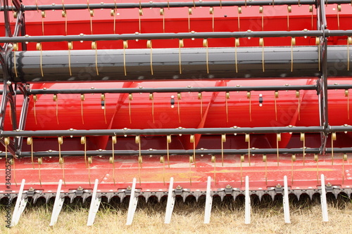 close-up view of the front of a combine harvester