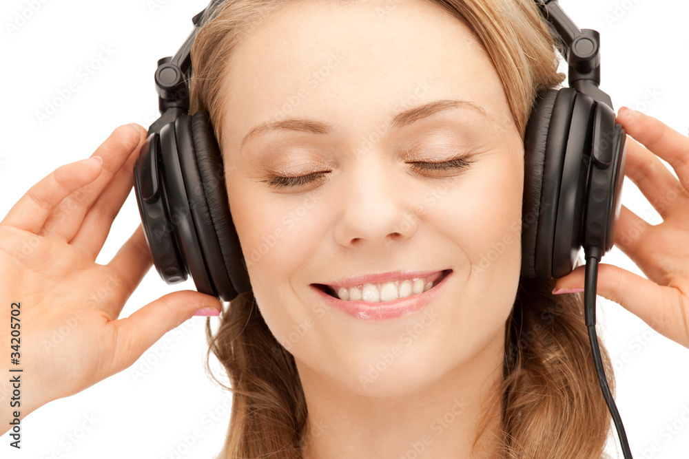 happy teenage girl in big headphones happy teenage girl in big headphones