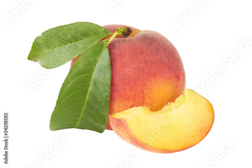 Ripe Peach with Leaf