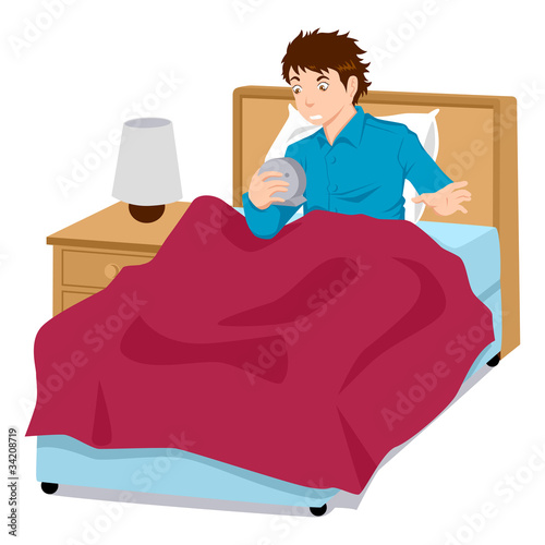 A man holding a clock with surprised face because wake up late