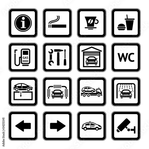 Set pictograms. Car services. Gas station. Black