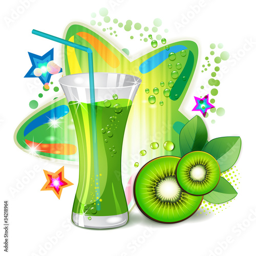 Glass of kiwi juice with kiwi slices