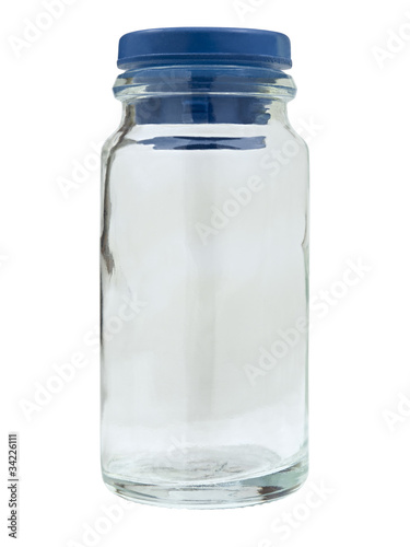 Mała szklana butelka na leki. Izolowany na białym tle.
