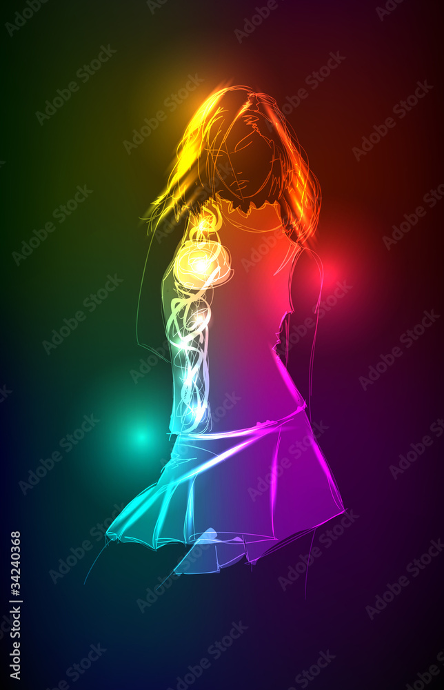 Fototapeta premium Hand-drawn fashion model from a neon. Vector illustration. A lig