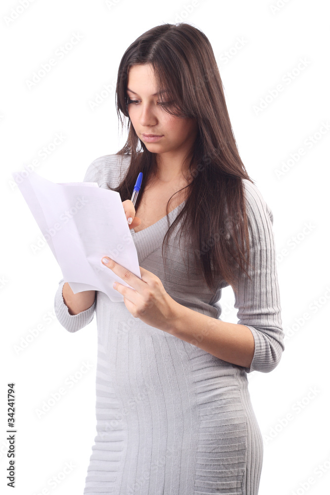 Young woman hold pages of paper. Office worker, isolated Young woman hold pages of paper. Office worker, isolated