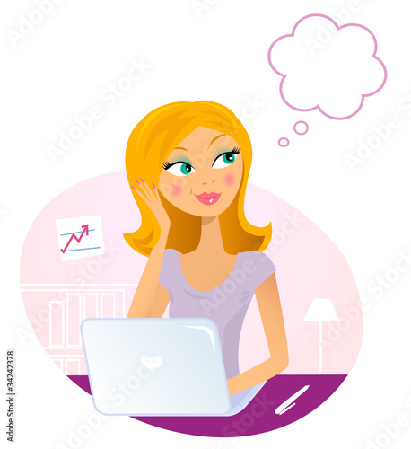 Woman with Laptop dreaming in office. Vector Illustration.