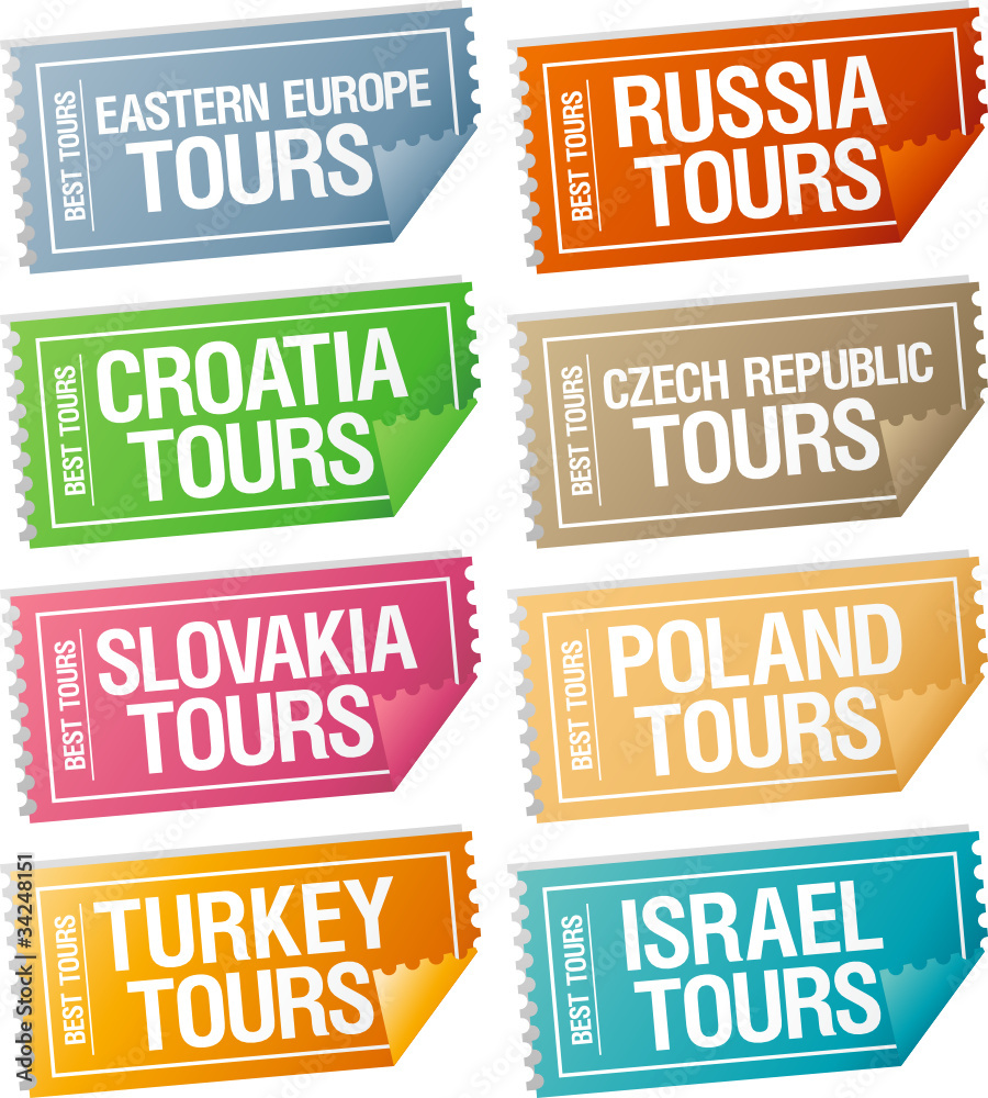 Best tours stickers in form of tickets. Best tours stickers in form of tickets.