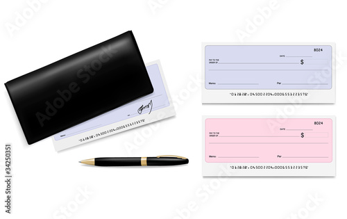 Black checkbook with checks (cheques) and pen. Vector.