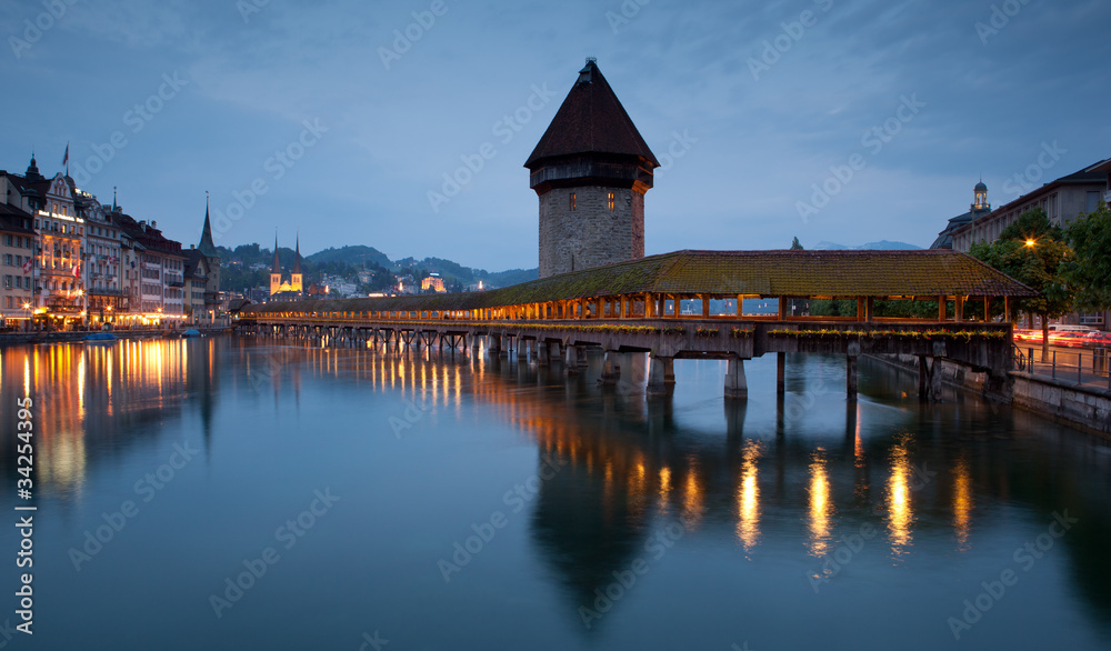 Famous covered wooden footbridge in Lucerne, Switzerland