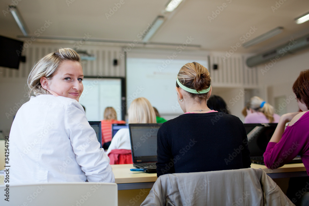 college students sitting in a classroom, using laptop computers college students sitting in a classroom, using laptop computers