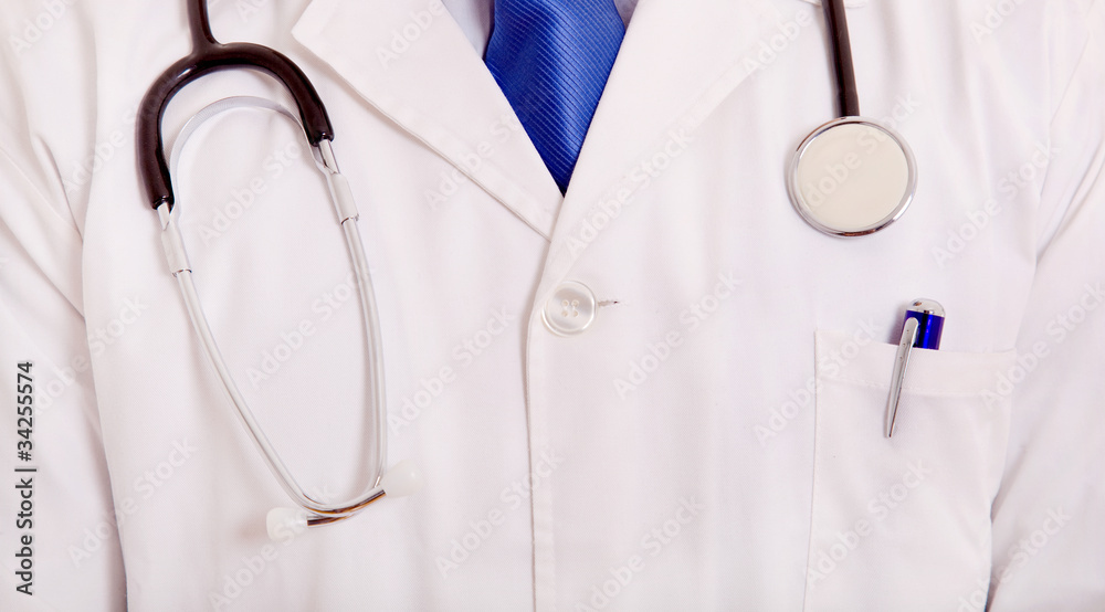 Close up detail of a doctors lab white coat Close up detail of a doctors lab white coat
