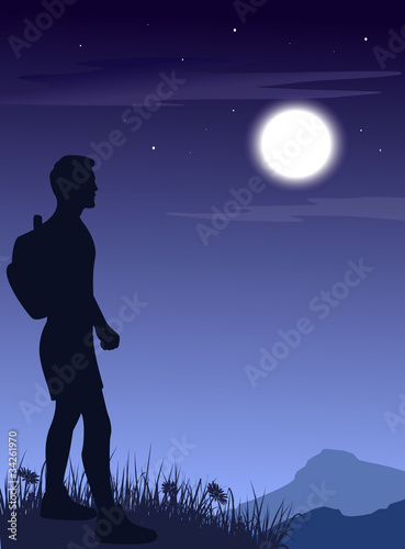 The man in mountains at night