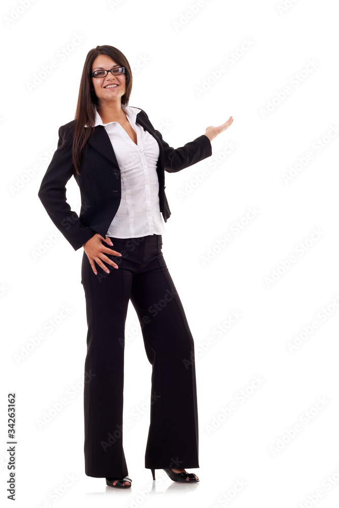 Business woman points at something in her back Business woman points at something in her back