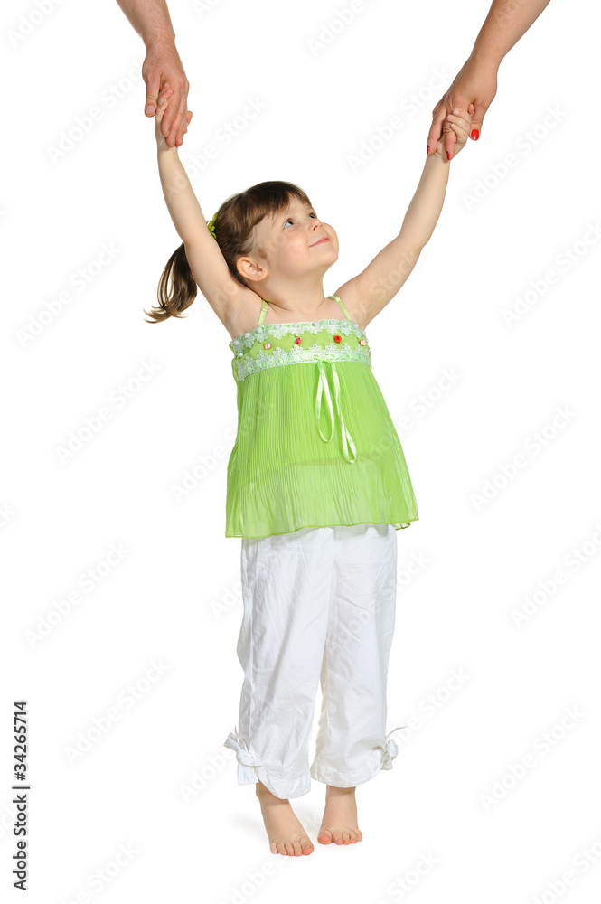 Happy pretty the little girl keeps for hands of parents Happy pretty the little girl keeps for hands of parents