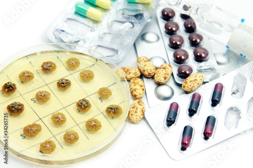 Penicillum colonies and different pills photo