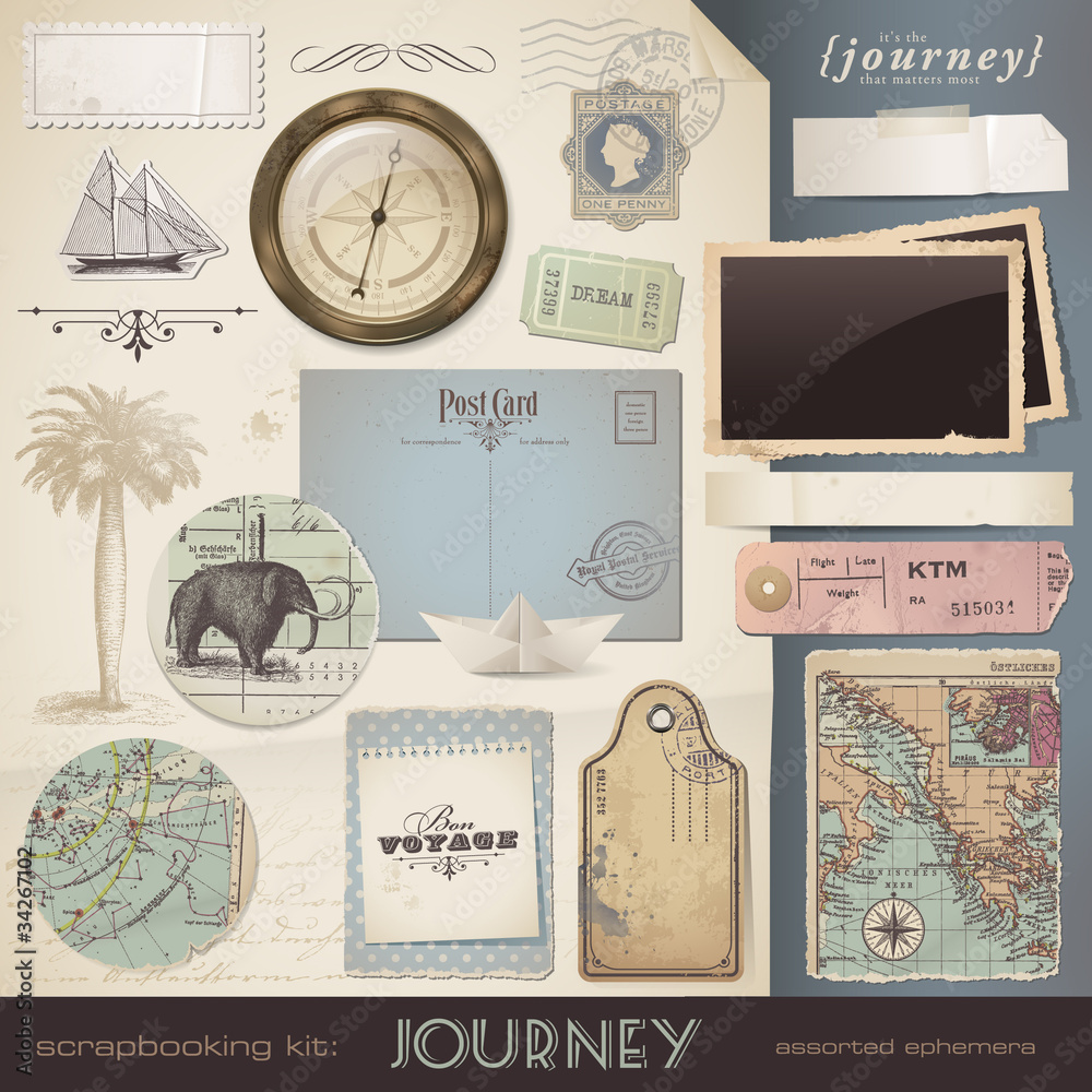 digital scrapbooking kit: Journey - assorted ephemera Stock Vector