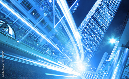 Photography Night Light trace modern architecture background in hongkong, Ch