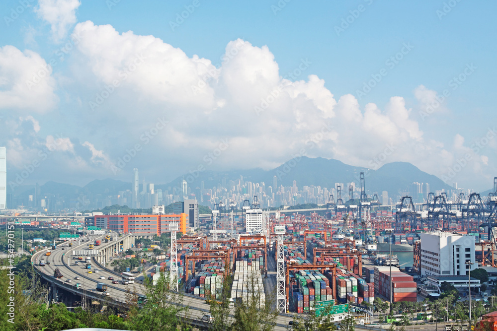 Obraz premium highway and container terminals in Hong Kong