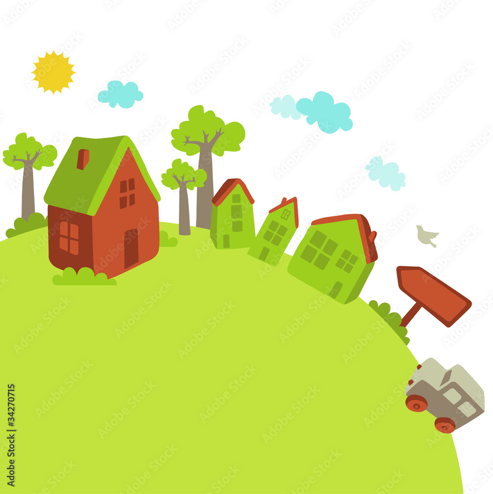 Un paysage vert avec des maisons et une voiture Un paysage vert avec des maisons et une voiture