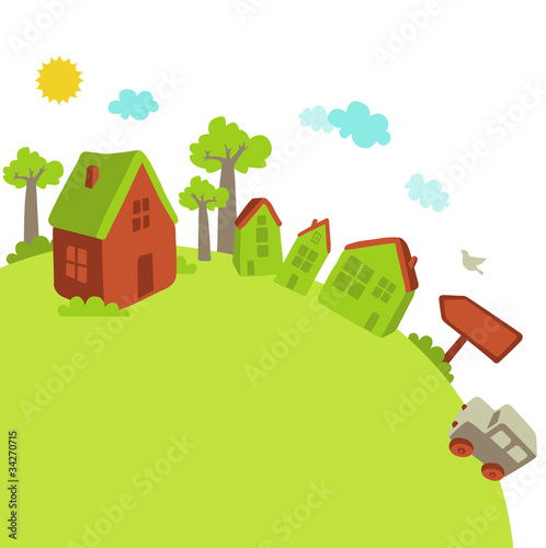 Un paysage vert avec des maisons et une voiture