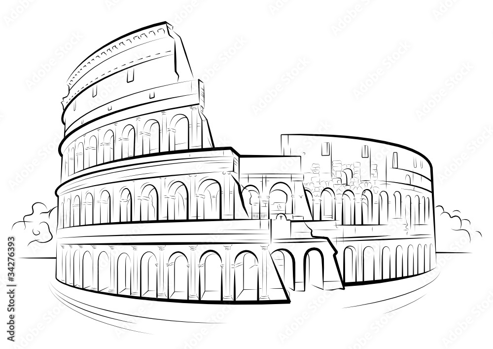 Vector drawing black and white Colosseum, Rome, Italy