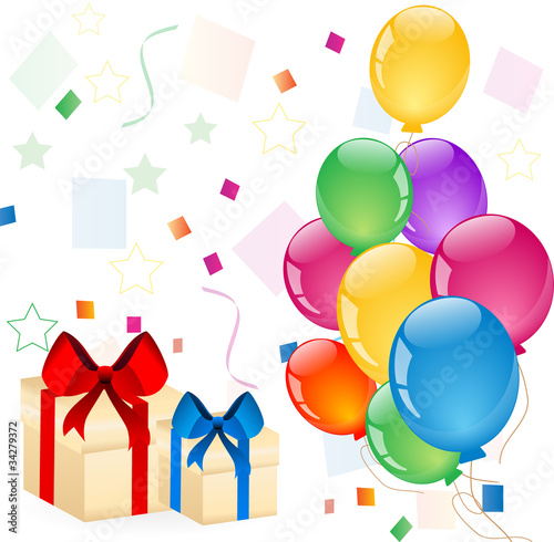 Party colorful balloons with gift boxes