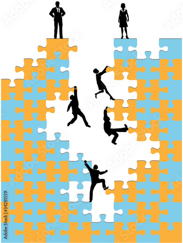 Business people climb corporate success puzzle