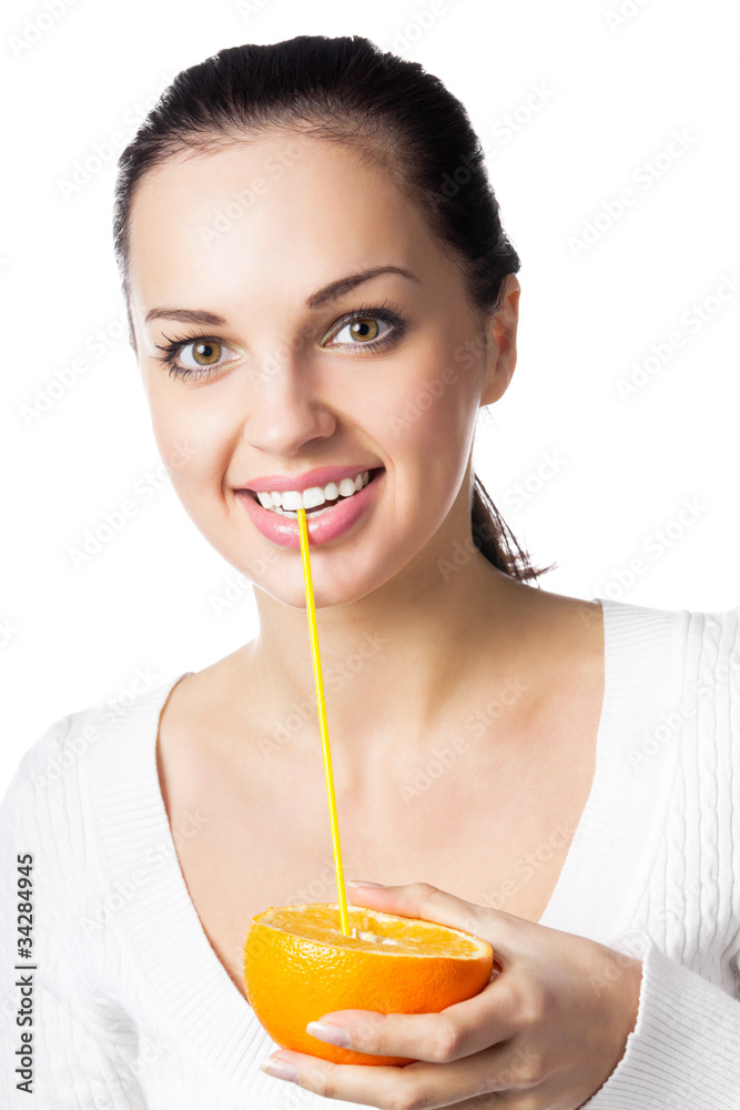Portrait of happy smiling young woman with orange, isolated Portrait of happy smiling young woman with orange, isolated