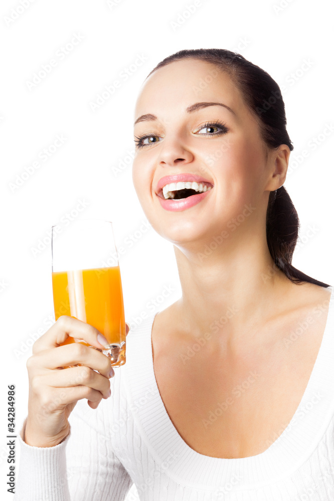 Portrait of happy woman with glass of orange juice, isolated Portrait of happy woman with glass of orange juice, isolated