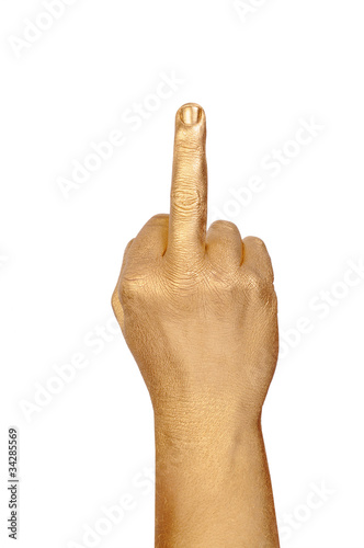 Gold hand showing fuck off with the middle finger. Isolated on a