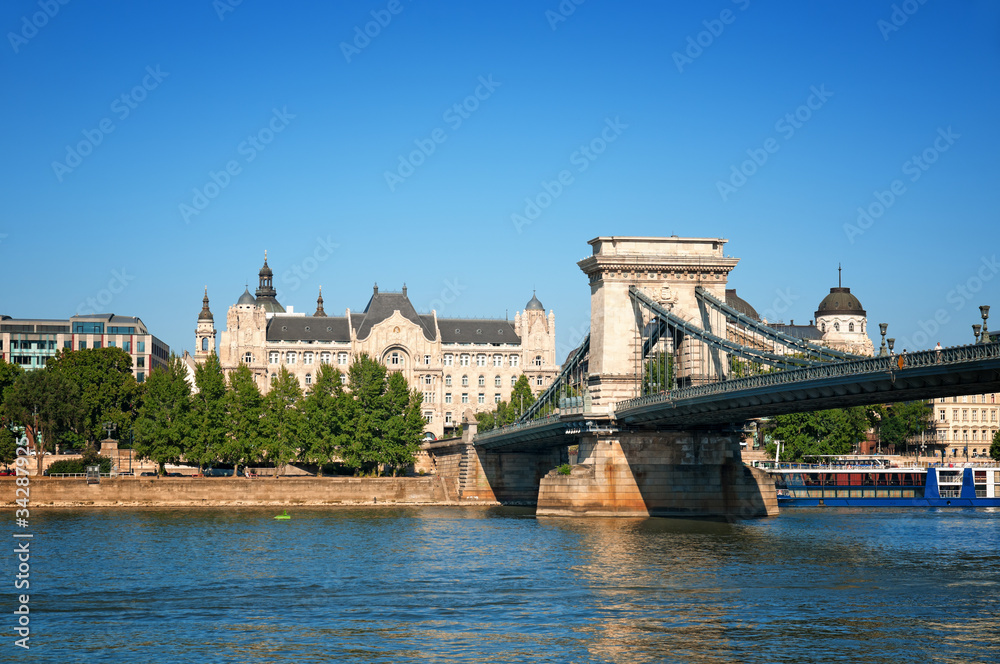 Chain Bridge and Gresham Palace in Budapest.