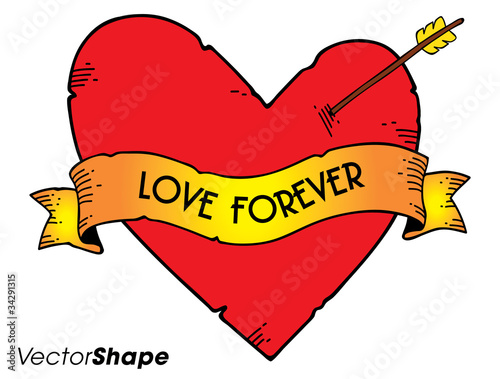 Cartoon ribbon around wounded heart with arrow