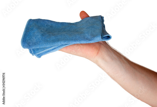 hand hold blue dirty cloth rag wiping mop up hygienic logo